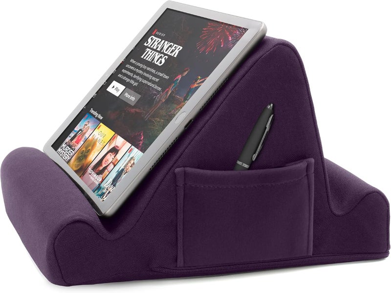 Brookstone , Memory Foam Lap Desk Tablet Holder, Holds Phones, iPads, E-Book Readers, 2 Viewing Angles, 2 Side Pockets for Accessories, Book Holder Cushion, Perfect Home, Car Travel Flights, Purple - Image 1